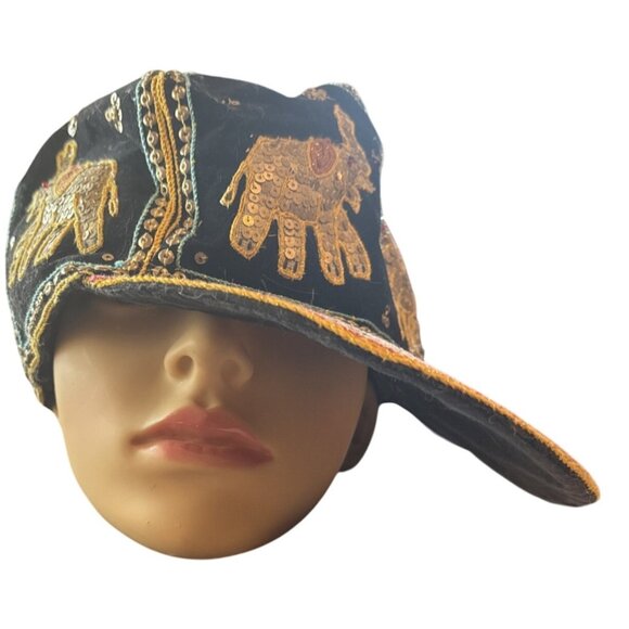 Vintage Black Gold Elephant Embroidery Sequin  Beaded Hat Unisex One Size Cotton - Picture 1 of 13